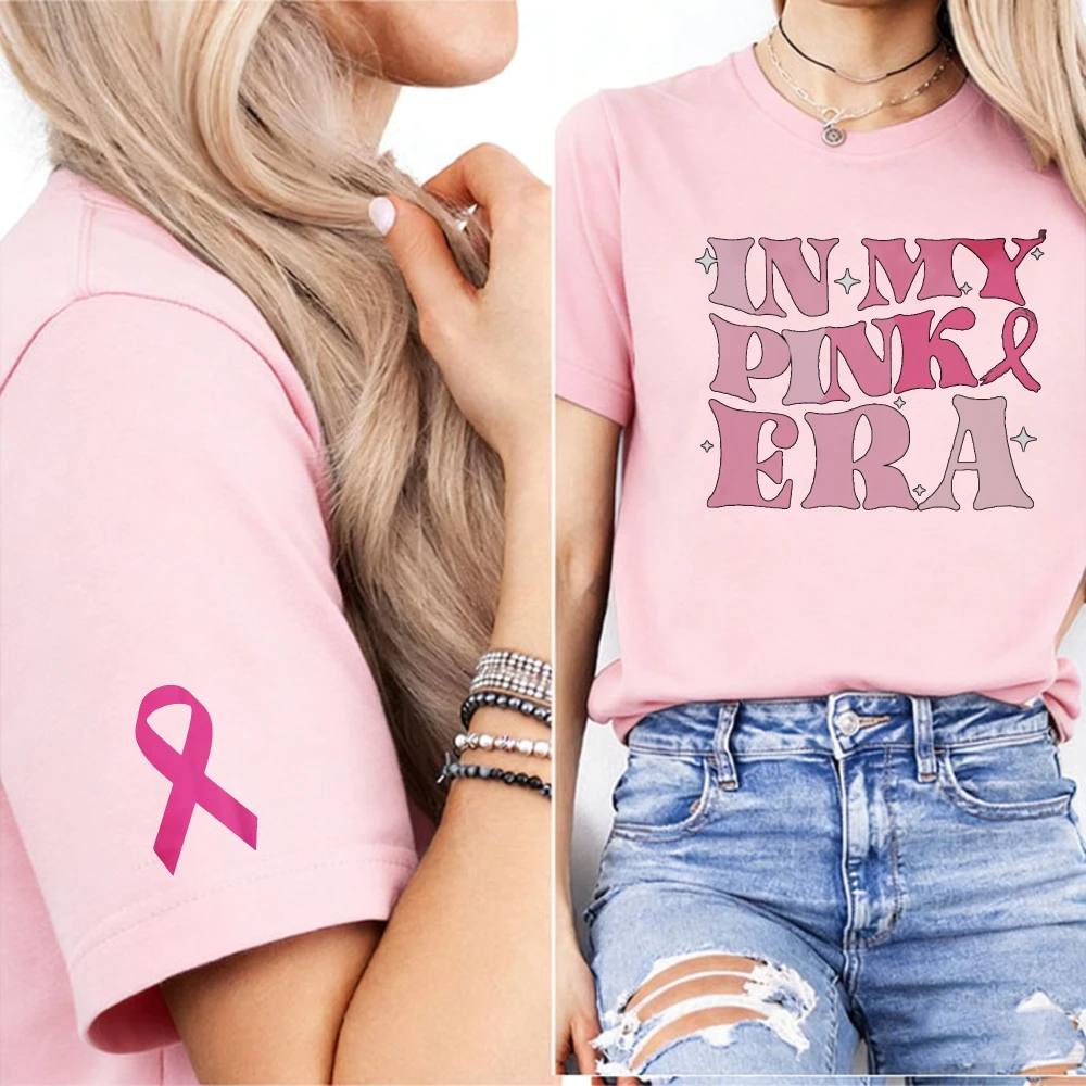 In My Pink Era Letter Print Women T-Shirt Classic Pink Ribbon Cuff Graphic Breast Cancer October Awareness Hope Faith Ladies Tee