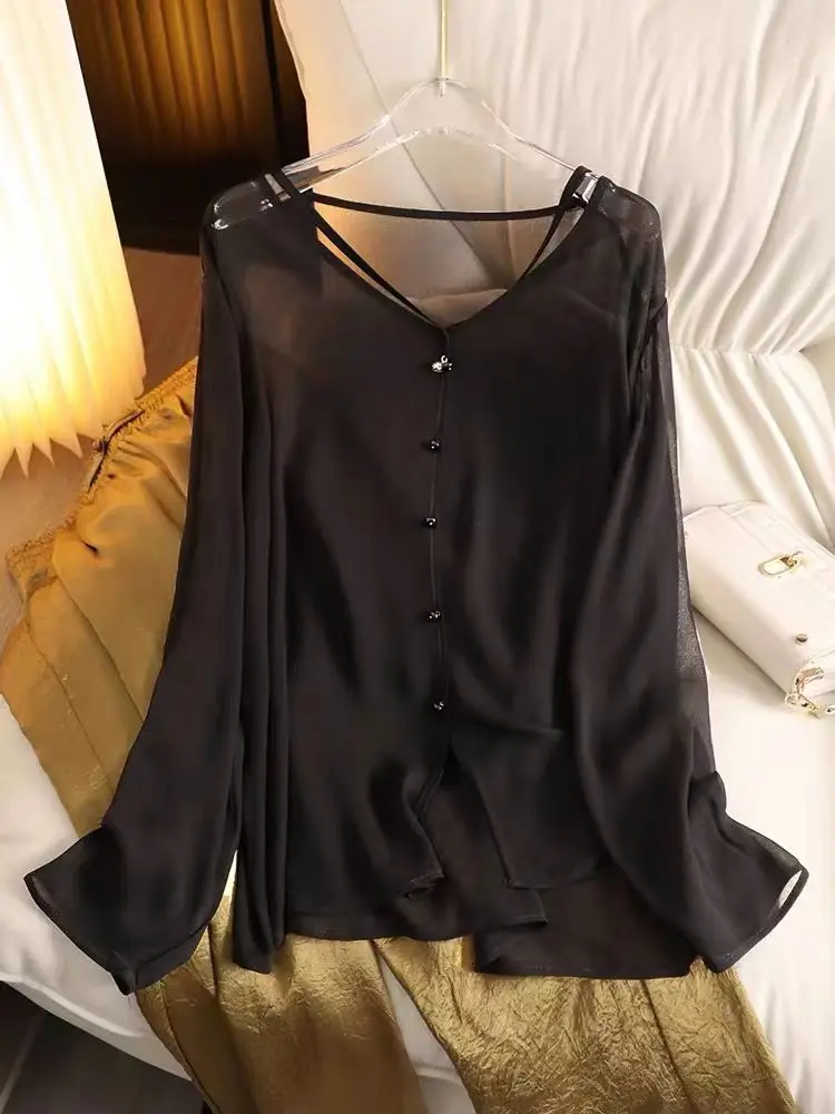 Doorzichtig chiffon shirt Damesblouses Casual losse V-hals Top met lange mouwen Mode Zwart Wit Basic shirt Lente Herfst