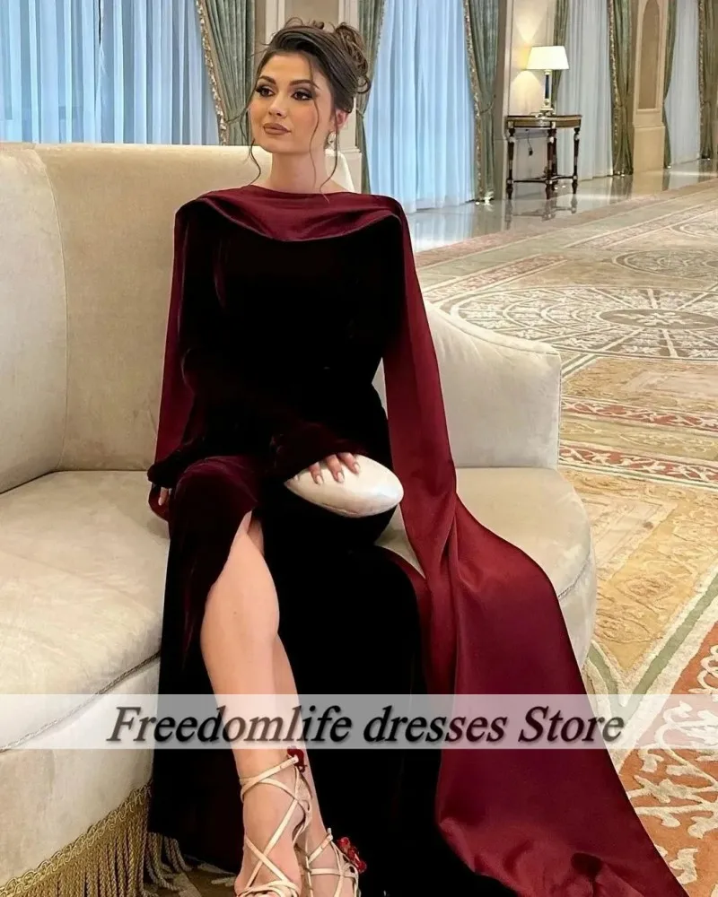 Stunning Burgundy Evening Dresses With Cape Backless Pearls Arabic Dubai Wedding Party Gowns Long Sleeve Velvet Vestido De Noche