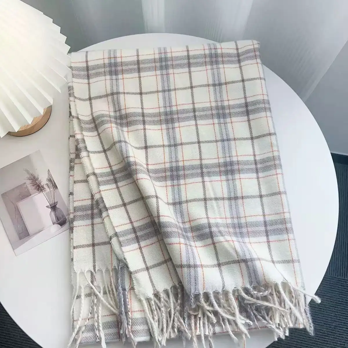 Women Acrylic Fine Plaid Long Scarf With Tassel Fringe Soft Lightweight Thin Checkered Shawl Oversized Wrap Scarves For Ladies