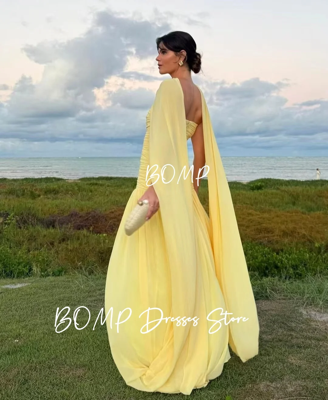 ZHIO Elegant Yellow Evening Dress with Jacket A-Line Pleat Floor Length Chiffon Saudi Arabic Formal Occasion Party Gown Custom