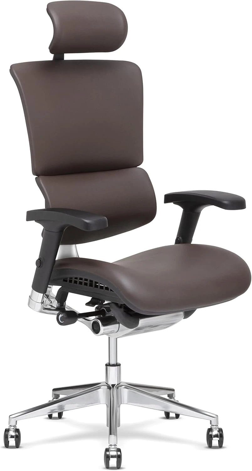 High End Executive Chair, Brown Leather with Headrest - Ergonomic Office Seat/Dynamic Variable Lumbar Support