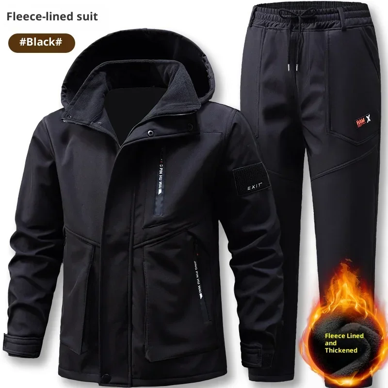 Mens 3 In 1 Tactical Jacket Set Winter Fleece Lined Windproof Assault Outerwear Hooded Riding Coat Training Sport Suit