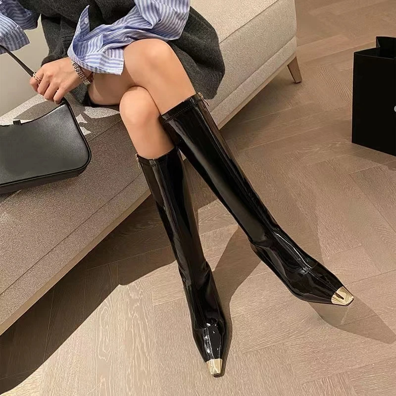 FHANCHU 2023 Soft Leather Women Knee High Boots,Kitten Heels Botas,Autumn Slim Shoes,Metal Square Toe,Red,Black,35-40,Dropship