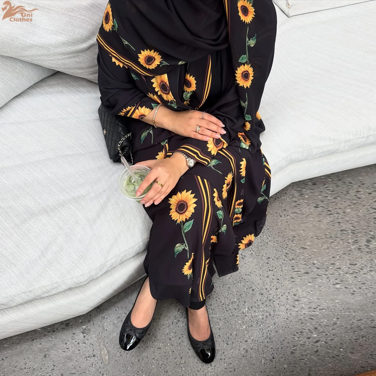 

Uni Dubai Floral Print Open Abayas Femme Hijab included Muslim Fashion Long Kaftan Hijab Clothing Women