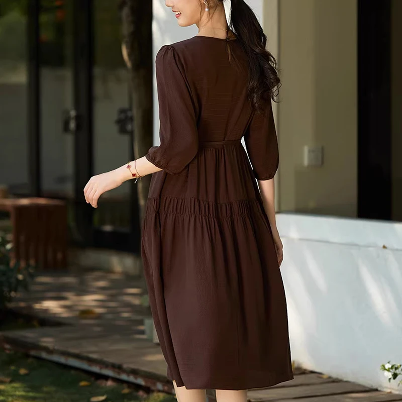 Elegant Fashion Dresses for Women Summer 100% Real Silk Three Quarter Sleeve Vintage Women's Solid Long Dress A-line