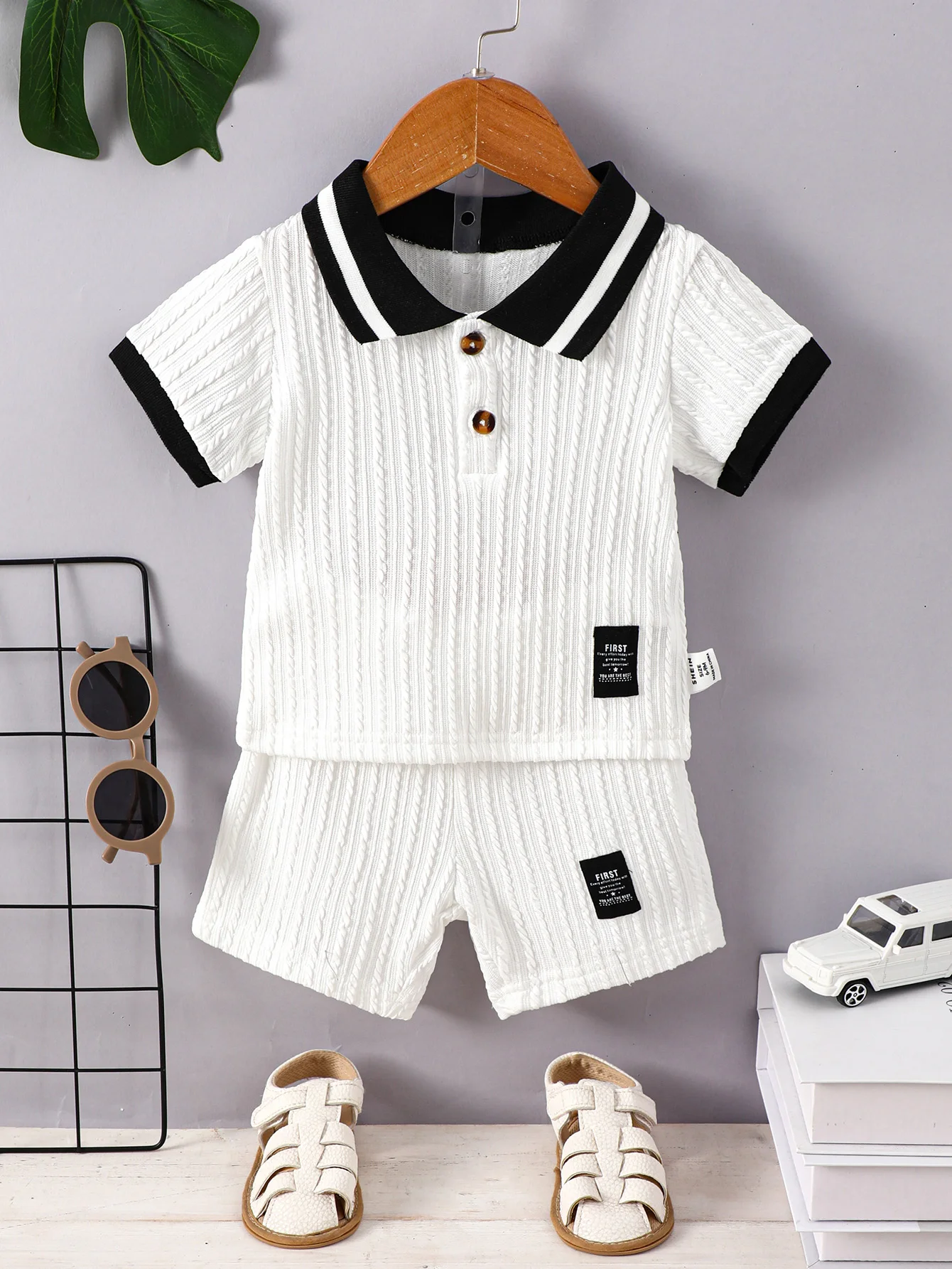 Baby Boys Summer Thin Shorts Set Lapel Temperament Color Contrast Short Sleeve Texture T-Shirt Elastic Waist Solid Color Pants