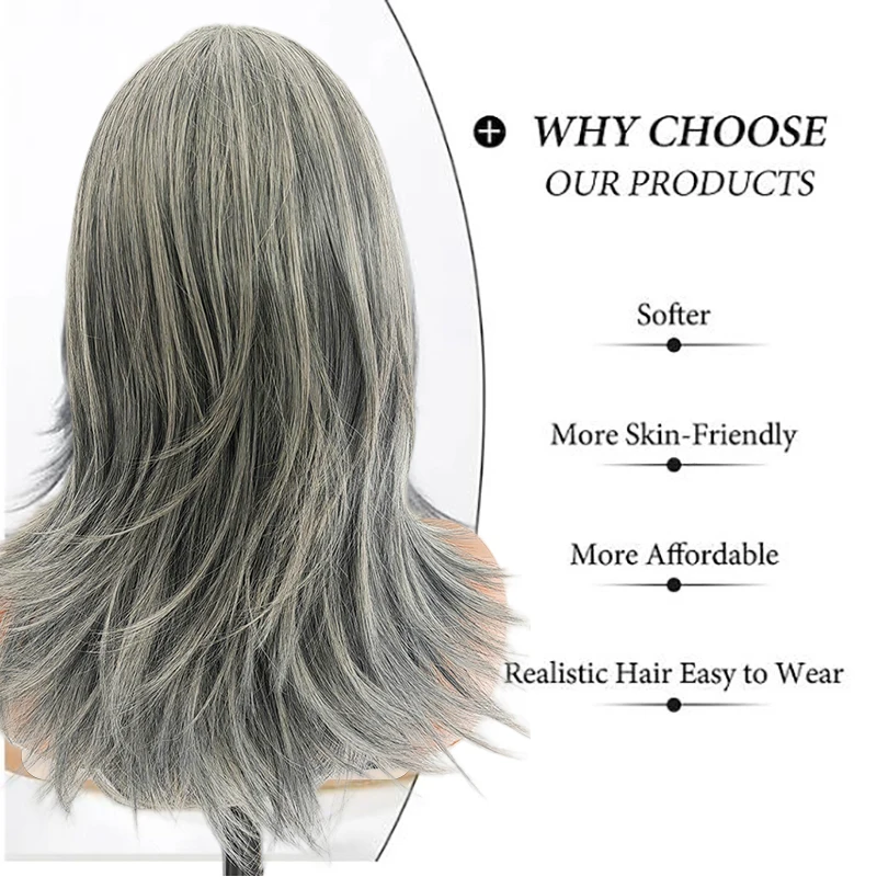 Silvery Gray Ombre Layered Wigs with Curtain Bangs for Women Synthetic Short Light Grey Wig Layered Gray Wavy Bob Wig Highlight image 4