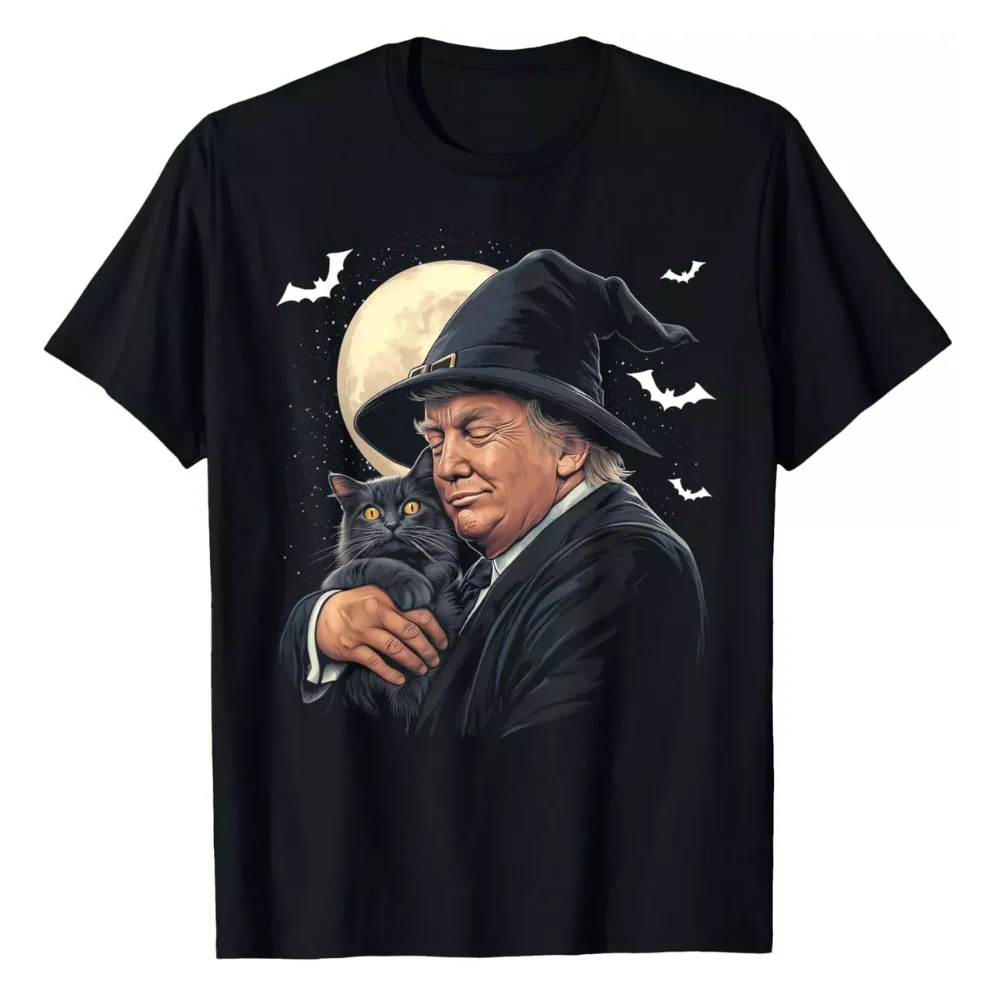 Halloween Trump Holding a Cat Spooky Witch Hat 2024 Election T-Shirt