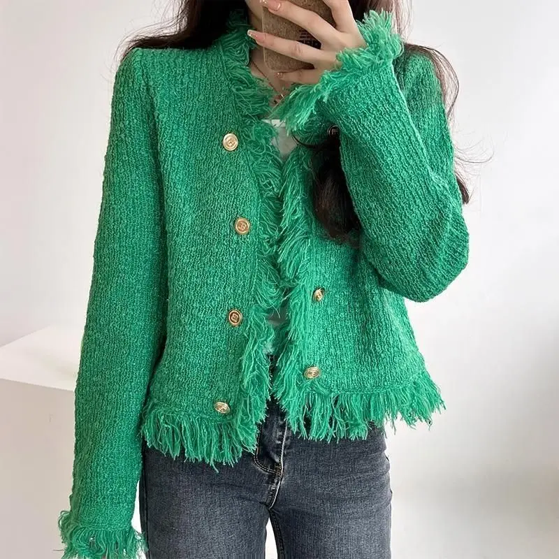 

Women's Autumn Winter Top Coat Cardigan Fringe V-neck Knitted Retro Simple Design Fashion Advanced Soft Niche Versatile Skinny