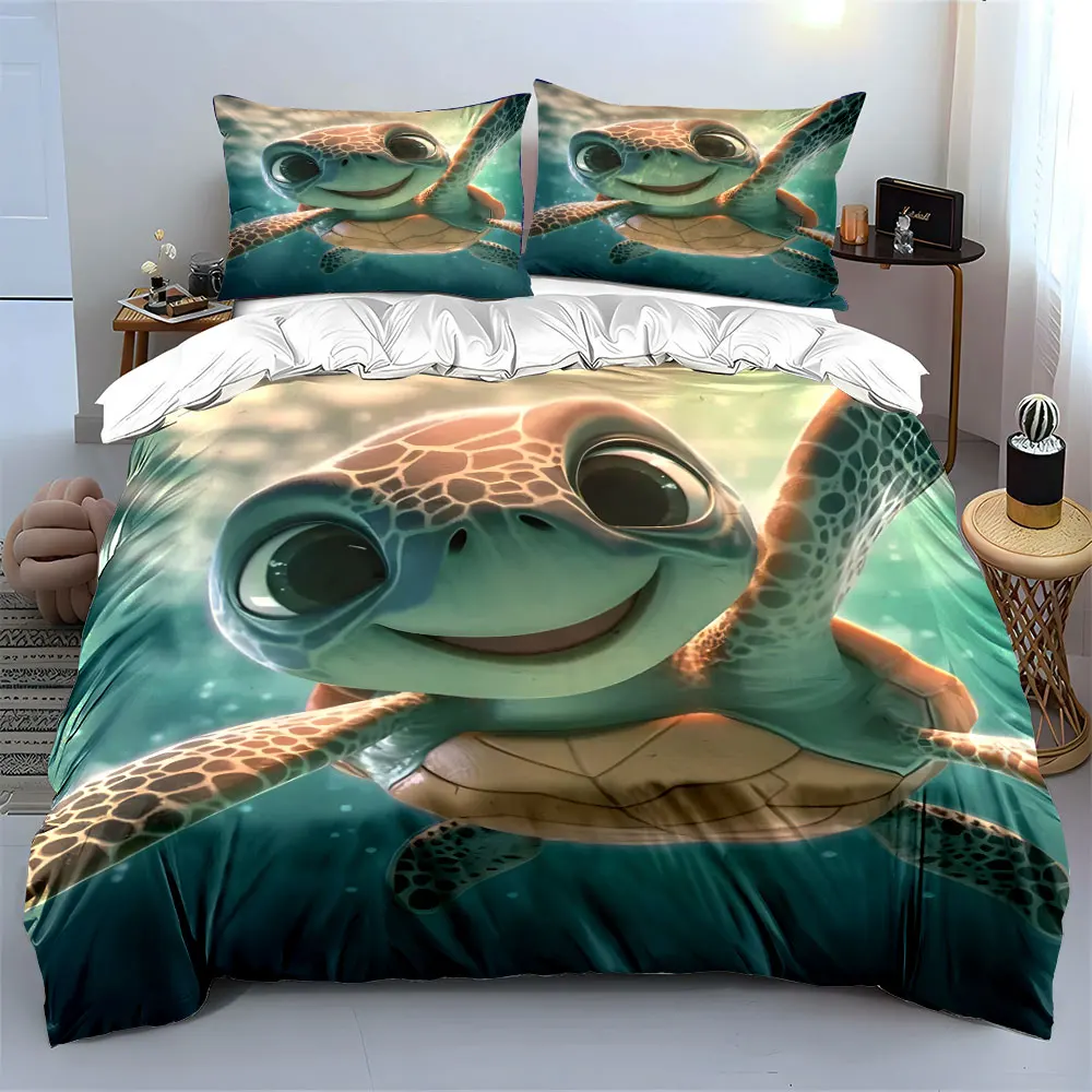 Smiling animated sea turtle. Print Bedding Set 1 Duvet Cover 2 Pillowcases for Adult and Children Luxury Gift Full Size