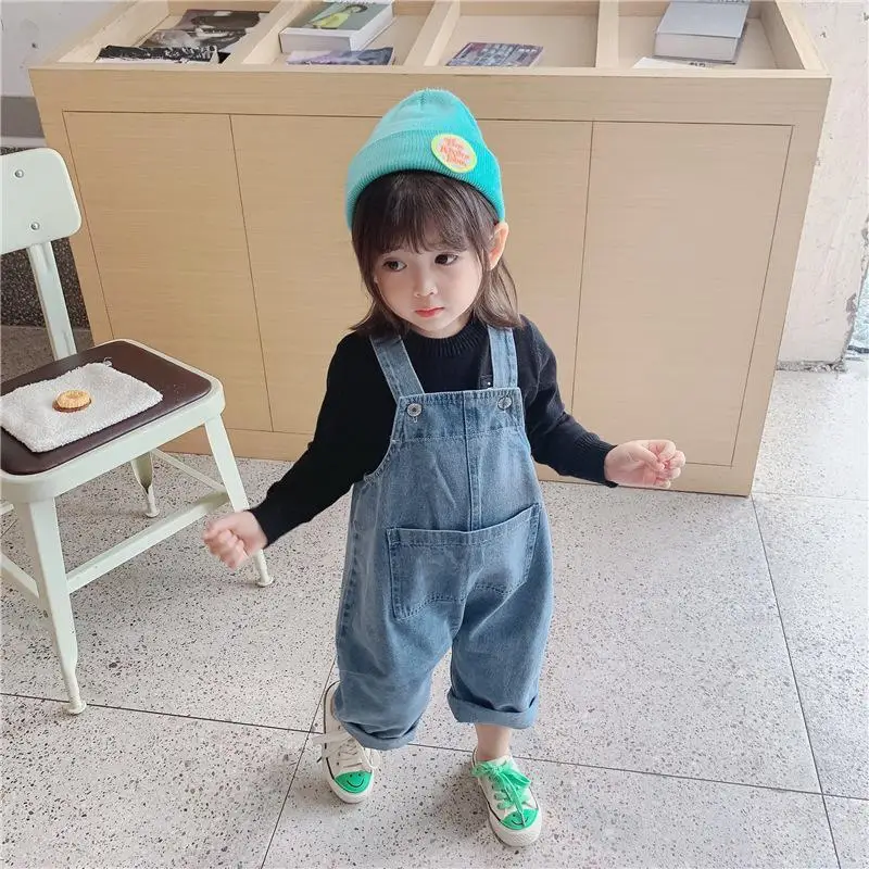 Children's Loose Strap Pants 2023 Spring and Autumn New Korean Edition Cute Boys and Girls Baby Foreigner Denim Crop Pants