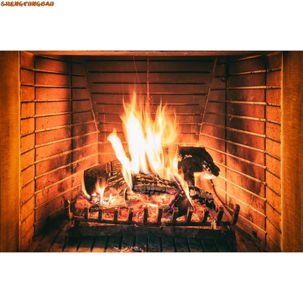 Toile de fond de photographie de cheminée de Noël, feu de joie de flamme brûlante d'hiver, décor de chambre, vintage, brique, poêle, bébé, arrière-plan photo de Noël
