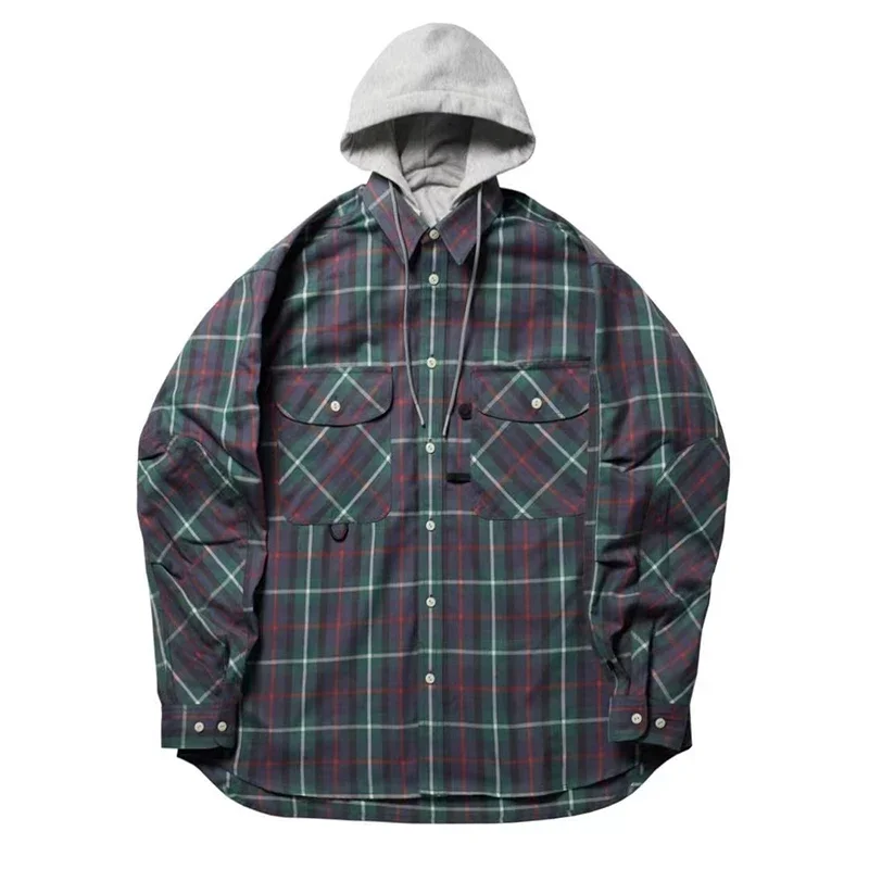 

23SS PIER39 Fake Two-piece Hooded City Boy Japanese Vintage Loose Casual Men's Plaid Shirt Purple Popular Thick Coat