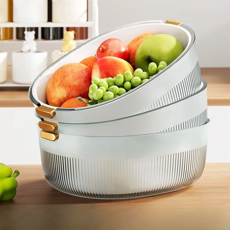 厚みのあるプラスチック製二層排水バスケット-キッチン日除けスリーブカバー-洗い物用フルーツ野菜ボウル-米洗い用