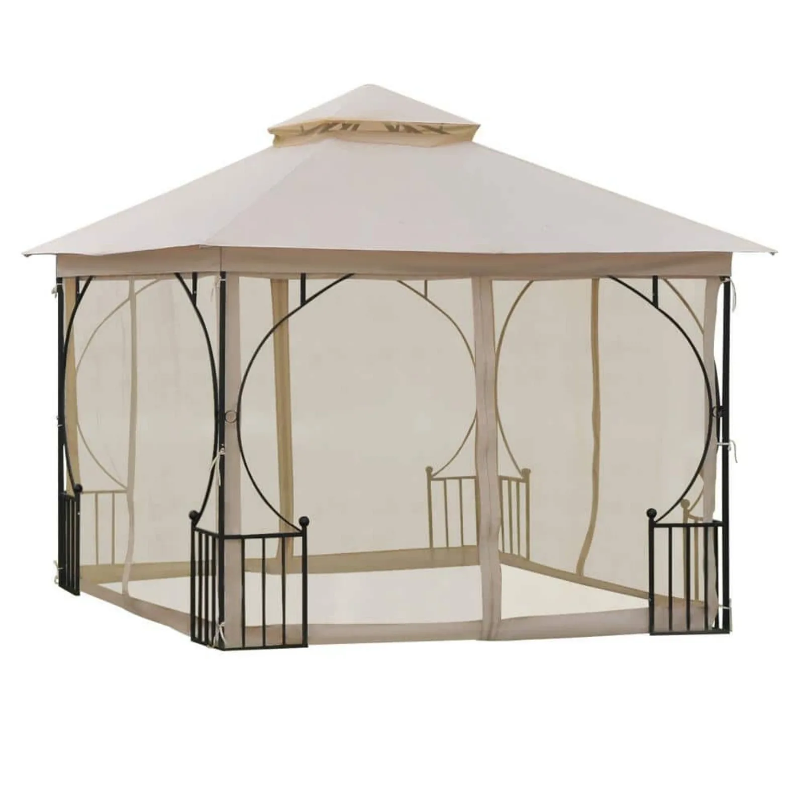 US 10 ft. x 10 ft. Patio Gazebo Canopy Outdoor Pavilion with Mesh Netting SideWalls, 2-Tier Polyester Roof, and Steel Frame