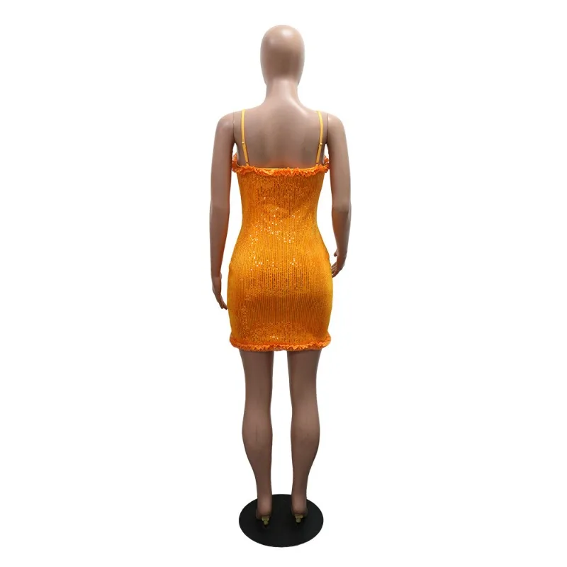 Sukienka mini na ramiączkach z falbankami i cekinami, damska, seksowna, z wycięciami, na ramiączkach spaghetti, bez pleców, obcisła, na imprezę w klubie nocnym, na urodziny.