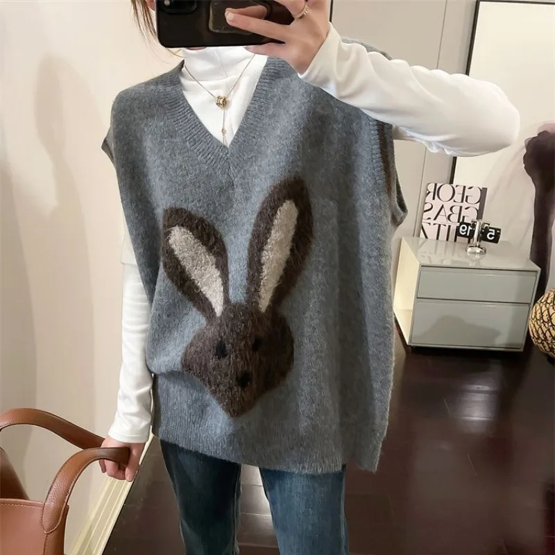 2023 Autumn and Winter Women\'s Pullover V-neck Animal Screw Thread Loose Fashion Casual Elegant Commuter Sleeveless Vest Tops