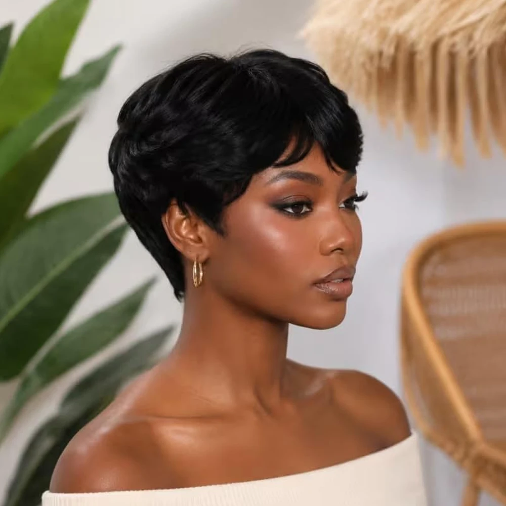 100% Human Hair Pixie Cut Wig Glueless Wear & Go With Pre‑Cut Bangs Brazilian Virgin Remy Short Wig for Black Women