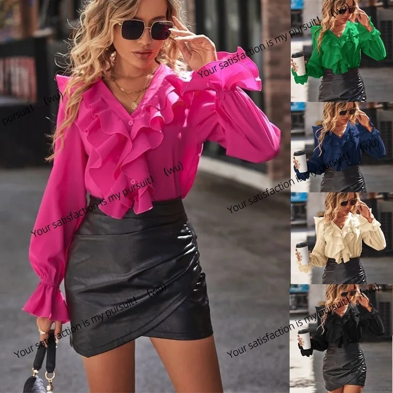 

Женская осенняя новая элегантная рубашка с v-образным вырезом и рюшами по краям, темпераментная женская рубашка