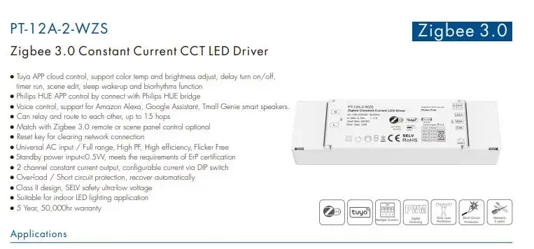 DC10-42V Zigbee 3.0 Constant Current LED Driver 12W 100-700mA/ 2x(150~450)mA for Downlight Spotlight And Decorative Applications