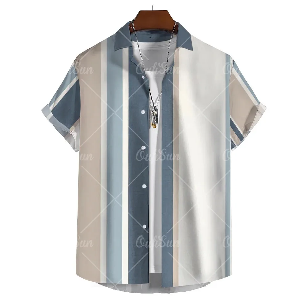 Summer Fashion Stripe Print Men\'s Casual Short Sleeve Shirt Daily Casual Business Wear Tops Oversized T-Shirt Size S-5XL