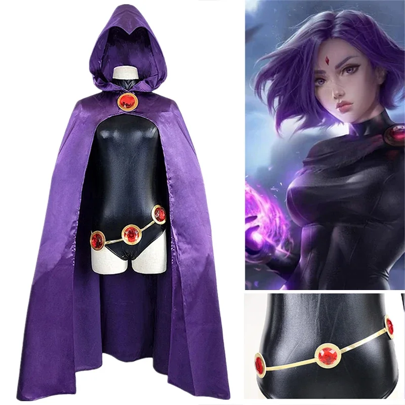 

Superhero Cloak Jumpsuits Zentai Waist Jewelry Chain Halloween Party Anime Costume Teen Titans Cosplay Raven Cosplay Costume