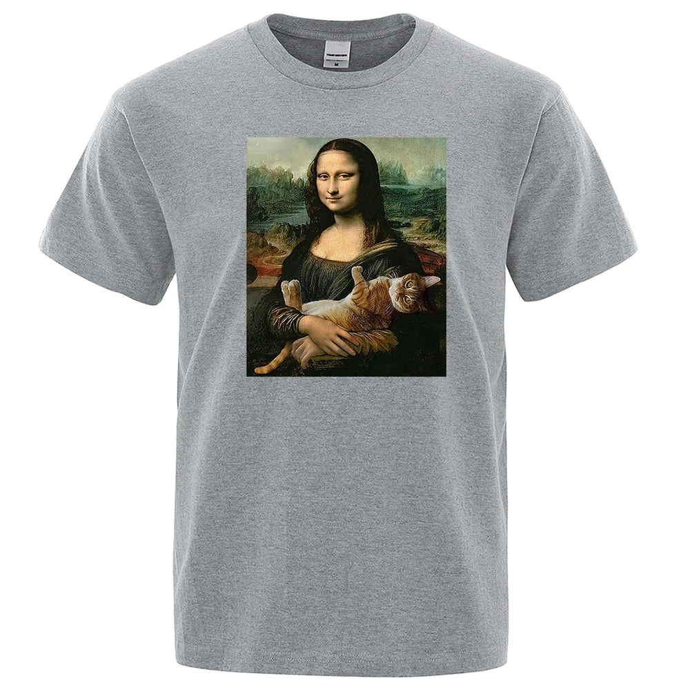 Mens T Shirts Mona Lisa Hugging Cat Lovely Cute Printed T-Shirt For Men O-Neck Gothic Male Tshirt Harajku Tee Shirts Hip Hop