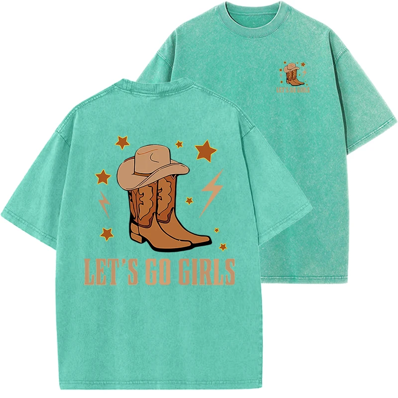 تي شيرت رعاة البقر العتيق للرجال ، تيشيرتات قصيرة فضفاضة كاجوال ، قطن مغسول ، طباعة بنات رعاة البقر ، رائجة وجميلة ، الصيف