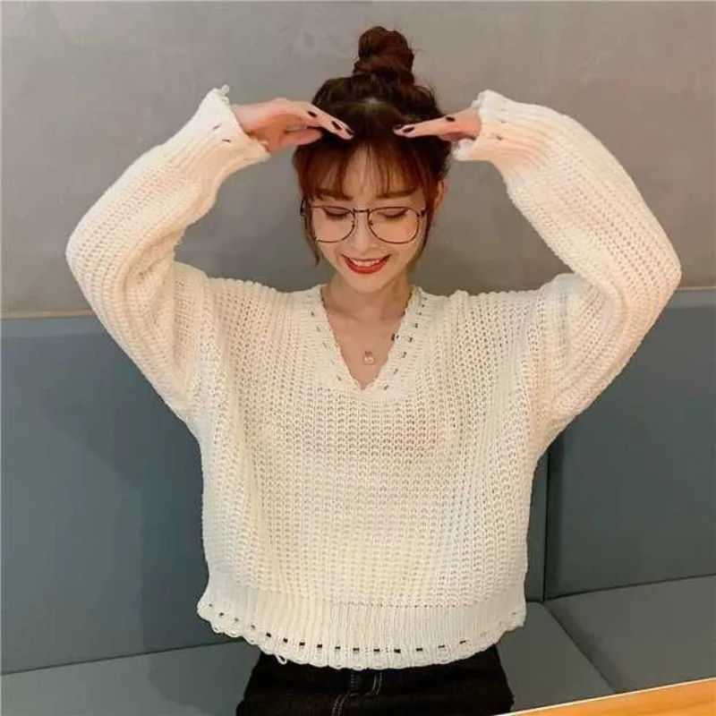 

Шикарный женский вязаный свитер крючком, пуловер с длинными рукавами и v-образным вырезом, свободный крой, укороченный ажурный повседневный универсальный топ на осень-зиму