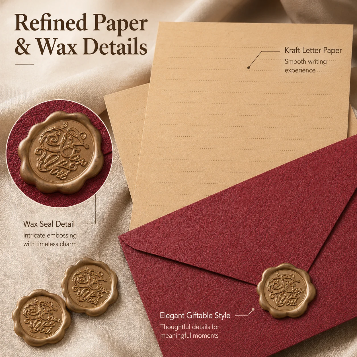 3-Color Tree Grain Envelope Stationery Set Wax Seal Letter Kit for Wedding Invitations Birthday Cards Romantic Confession Letter