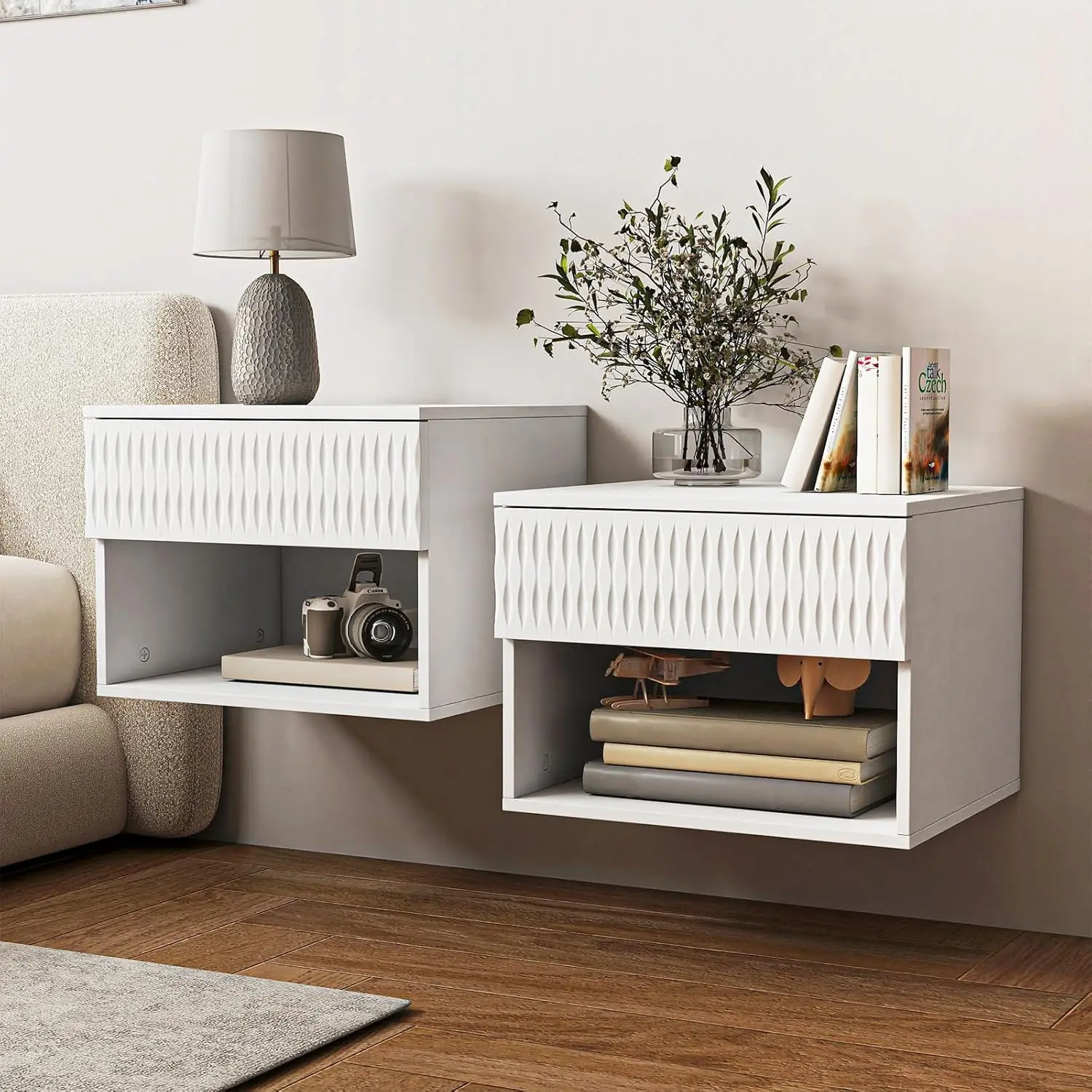 

Wall Mounted Floating Nightstand with Drawer Spiral Pattern Modern Bedroom Bedside Table White Set of 2, Customized