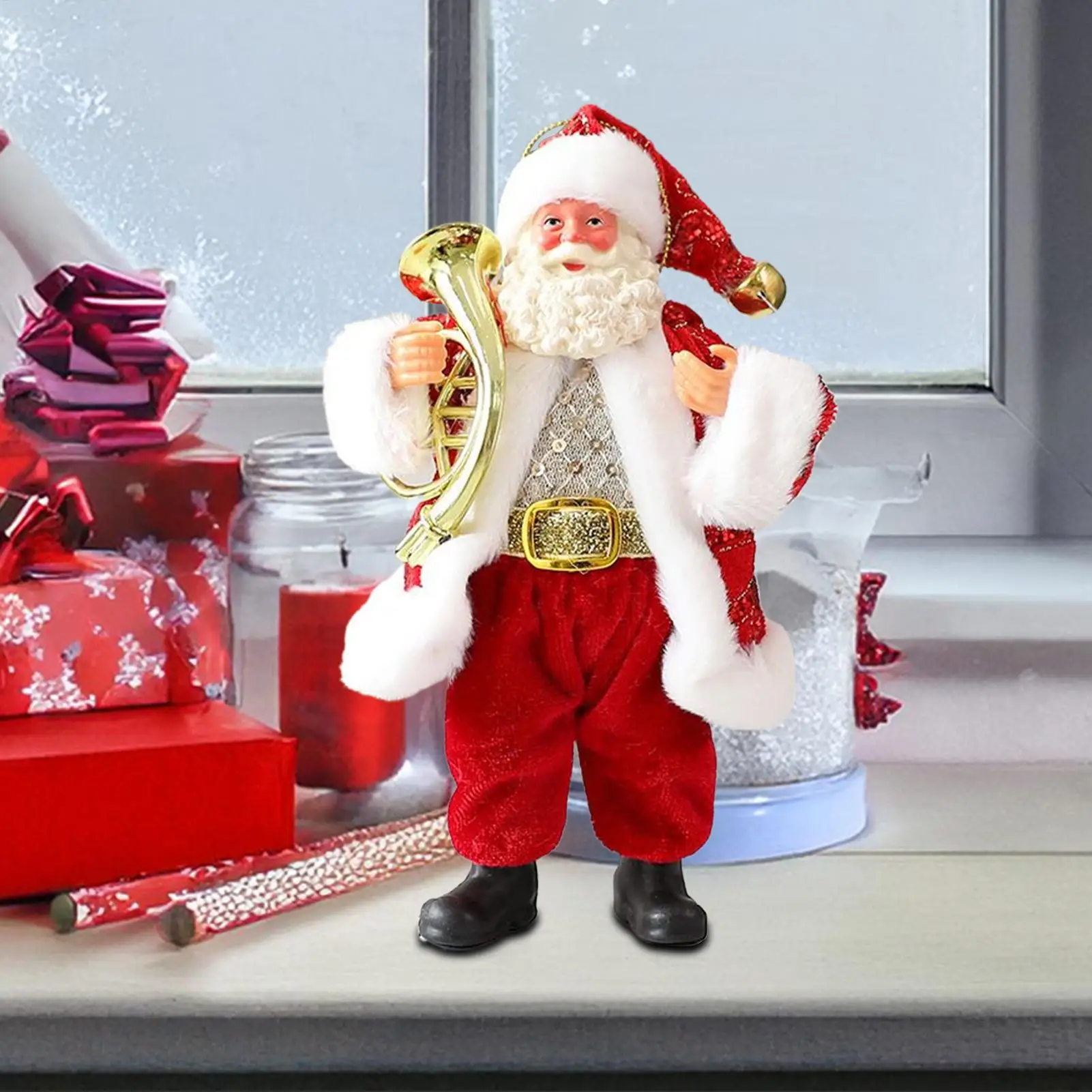 7 Inch Christmas Ornament Santa Claus Figurines Festive Santa Statue Holding Instruments for Tree Shelf Window Table Indoor