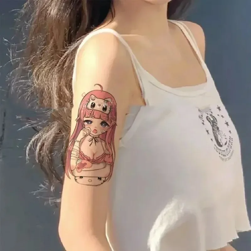 

Cartoon Temporary Tattoos Pink Haired Cat Girl Waterproof Lasting Fake Tattoo Sticker Cute Body Art Tatoo Body Sticker