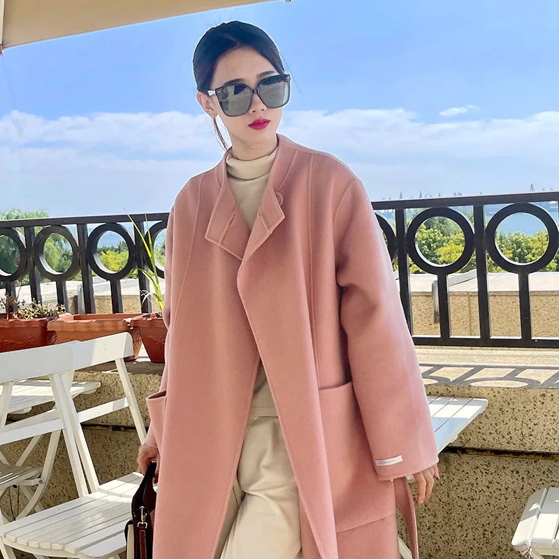 

Autumn and winter 2023 new double-sided cashmere women's coat hand-sewn long temperament Korean version slim wool coat small man