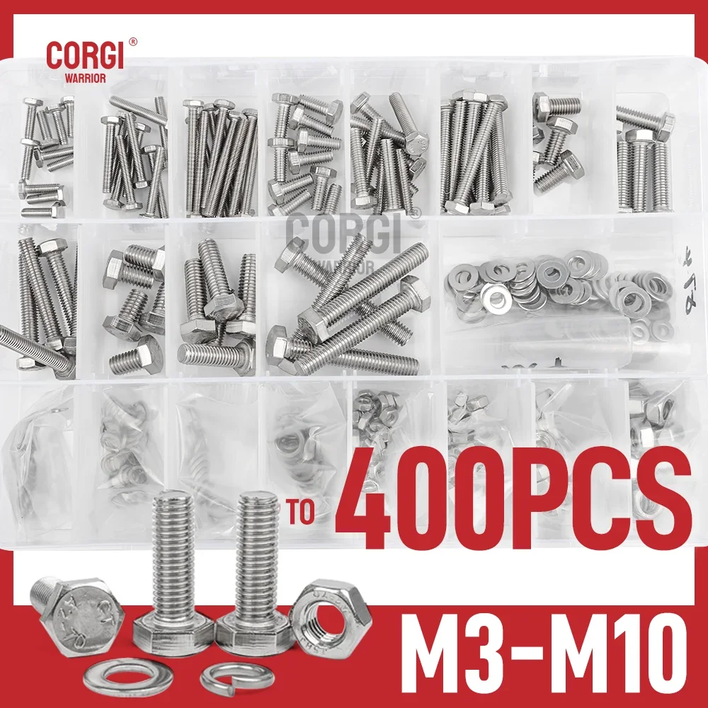 M3 M4 M5 M6 M8 M10 Up to 400 Metric Heavy Duty Hex Head Nuts Bolts Washers Assortment Kit Stainless Steel 304 Machine Screws