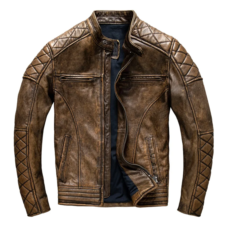 

Spring Men's Vintage Brown Jacket Plus Size 5XL Motorcycle Style Natural Cowhide Autumn Slim Fit Biker Genuine Leather Coats