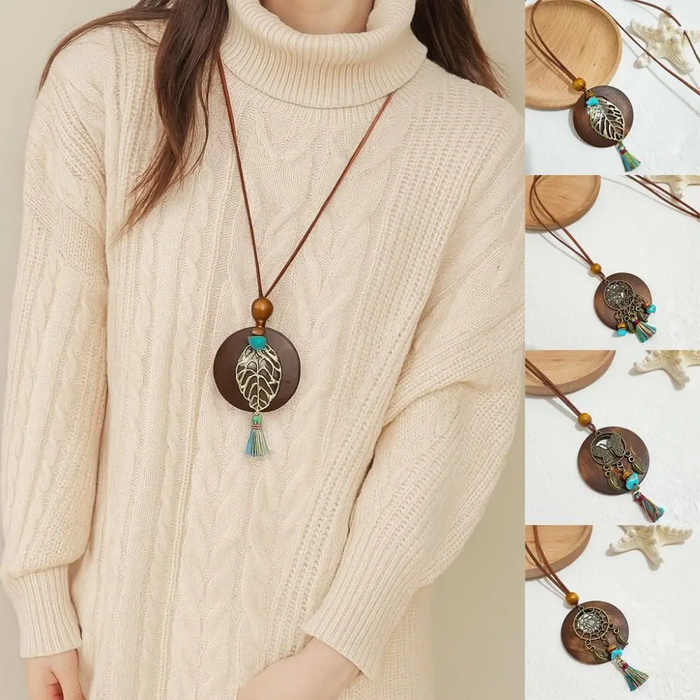 Gifts Wooden Sweater Chain Retro Round Sweater Women Pendant