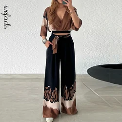 Wefads Casual Two Piece Set Women Summer Simple V Neck Half Sleeve High Waist Lace Up Pullover Top Loose Wide Legs Pants Sets