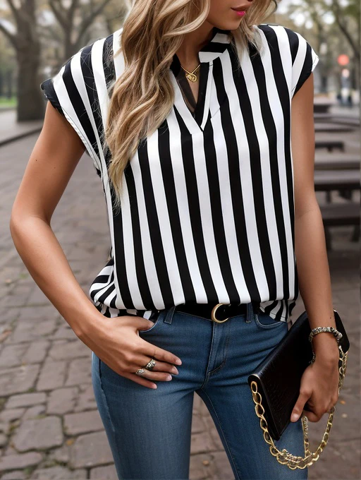 2024 Summer New Black and White Striped Printed Bat Sleeve Top Loose Casual V-Neck Shirt