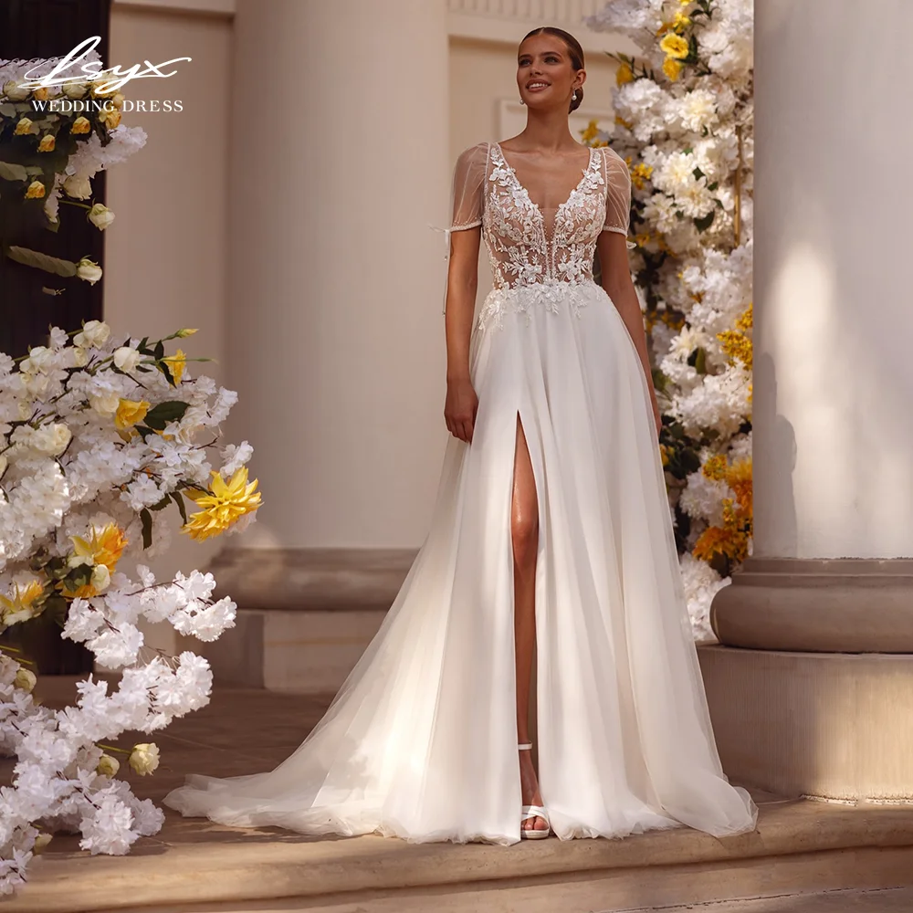 

LSYX Customized Short Sleeves High Slit Open Back A -Line Bridal Gowns 2025 Elegant Lace V-Neck Simple Wedding Vestidos De Novia