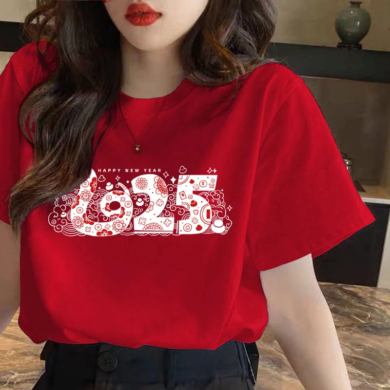 Red Short Sleeved T-Shirt For Women 2024 New Plus Size Base Shirt, Pure Cotton Top, Snake Zodiac Year, Chinese New Year Clothes