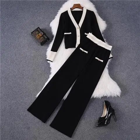 Fashion Knitted Pants Set Chain Vest And Korean Jacket Casual Pantalones Outfits Women Sets E1476