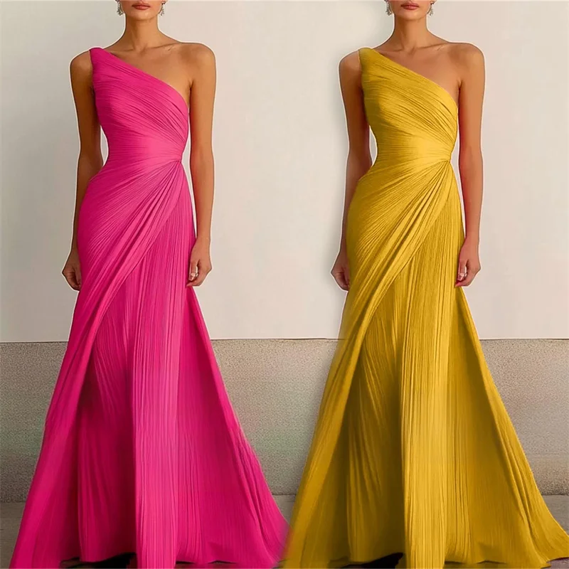 A Line Chiffon One Shoulder Pleat Evening Bridesmaid Dresses Wedding Party Formal Prom Birthday Floor Length Zipper Back image 2