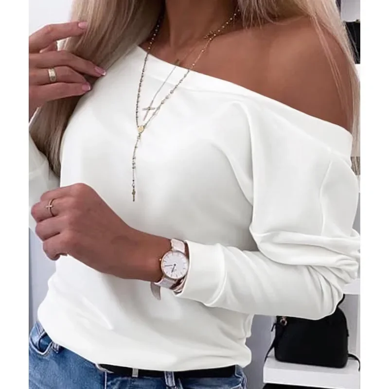 

New Fashion Sexy Backless Women's Shirts Long Sleeve Skew Collar Women Blouse Office Lady Clothes White Black Woman Top