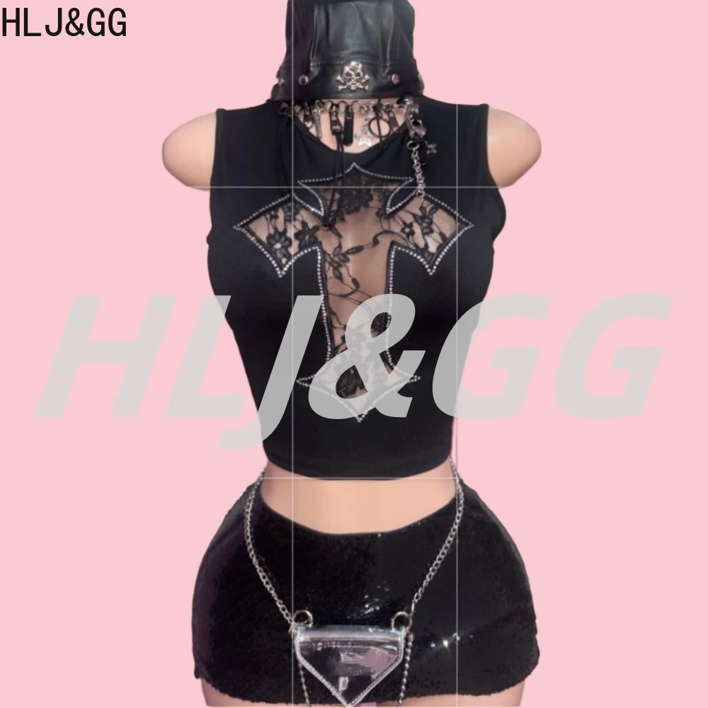 

HLJ&GG Fashion Y2K Lace See Though Embroidery Two Piece Sets Women Round Neck Sleevless Slim Tank Top And Sequin Shorts Outfits