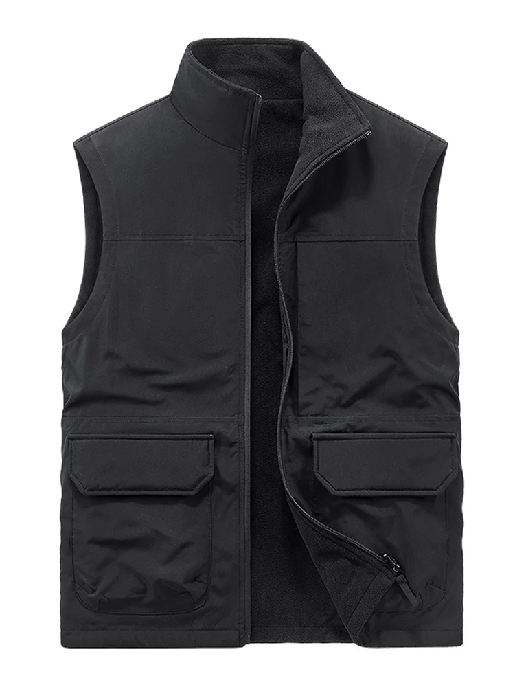 

Thiened Fce Lined Autumn Winter Men's Workwear Sle Zipper Closure Multi kets Leisure Stand Collar Vest Outdoor Jaet