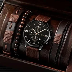 4 pcs Quartz Watches Bracelet Set Clock for Men Business Fashion Casual Round Pointer Calendar Clock Accessories 10 Main Sales Gift for Man - №3