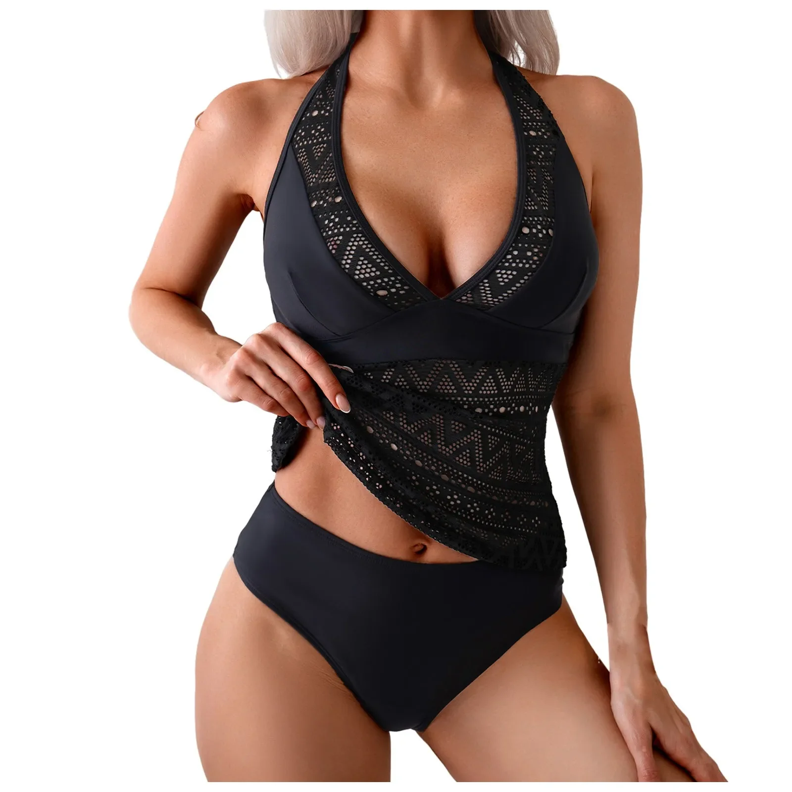 Vrouwen Mode Jacquard Splicing Badpak Dames Holle Sexy Effen Kleur Tankini Split Afslanken Badpak trajes de baño mujer