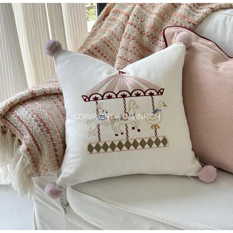 DAVINRICH Embroidered Carousel Horse Lovely Pillow Case Circus Nursery Cushion Cover Pink Baby Room Decor Little Girl Bedroom